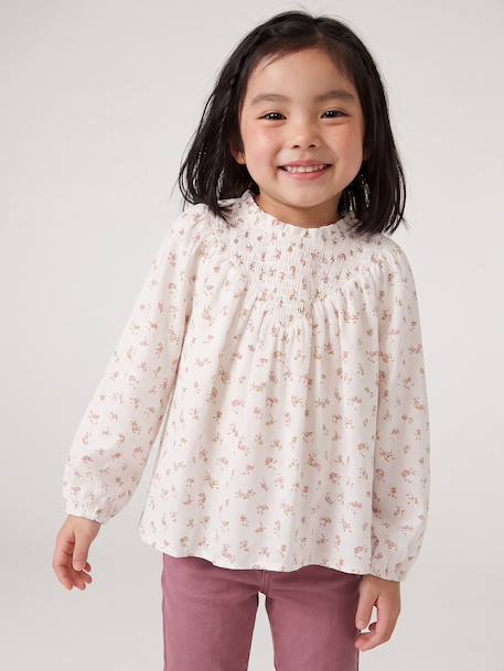 Girl's blouse with smocked sleeves ivory+sage green+vanilla 
