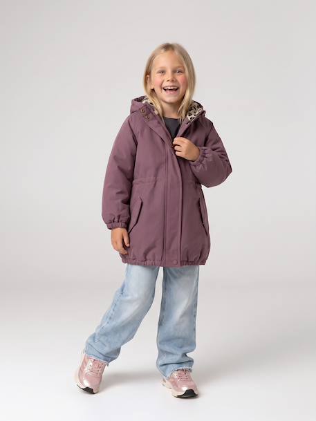 Hooded Parka with Faux Fur Lining for Girls black+camel+dark green+dusky pink+navy blue+plum 