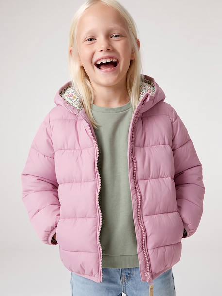 Lightweight hooded puffer jacket for girls grey green+lilac+navy blue+plum+rose 