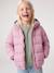 Lightweight hooded puffer jacket for girls grey green+lilac+navy blue+plum+rose 