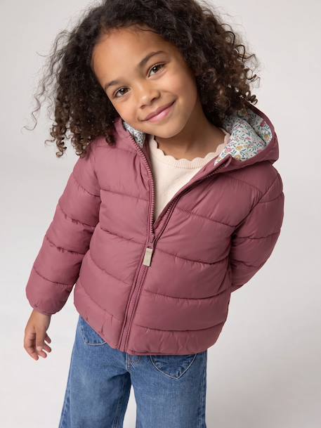 Lightweight hooded puffer jacket for girls grey green+lilac+navy blue+plum+rose 