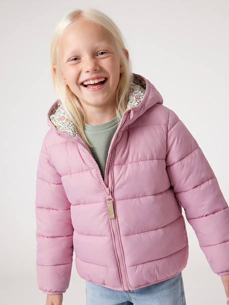 Lightweight hooded puffer jacket for girls grey green+lilac+navy blue+plum+rose 