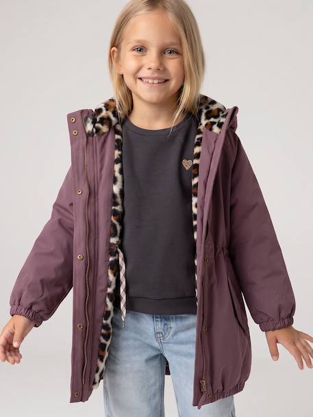 Hooded Parka with Faux Fur Lining for Girls black+camel+dark green+dusky pink+navy blue+plum 
