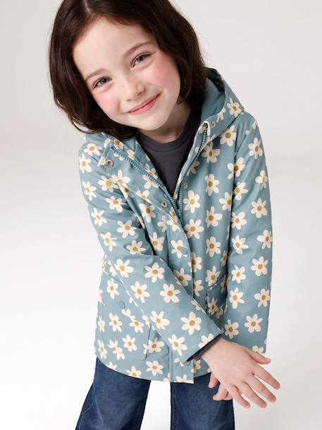 Printed hooded raincoat for girls green+multicoloured+navy blue+vanilla 