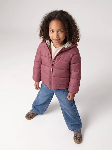 Lightweight hooded puffer jacket for girls grey green+lilac+navy blue+plum+rose 