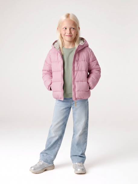 Lightweight hooded puffer jacket for girls grey green+lilac+navy blue+plum+rose 