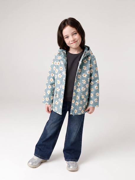 Printed hooded raincoat for girls green+multicoloured+navy blue+vanilla 