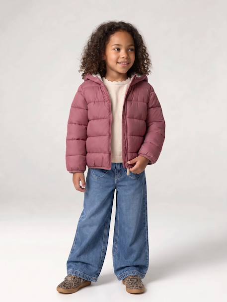 Lightweight hooded puffer jacket for girls grey green+lilac+navy blue+plum+rose 