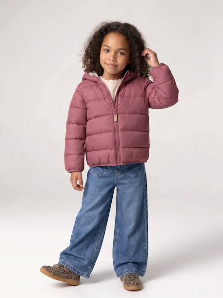Lightweight hooded puffer jacket for girls grey green+lilac+navy blue+plum+rose 