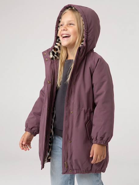 Hooded Parka with Faux Fur Lining for Girls black+camel+dark green+dusky pink+navy blue+plum 