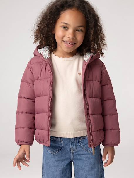 Lightweight hooded puffer jacket for girls grey green+lilac+navy blue+plum+rose 
