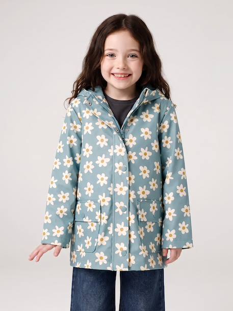 Printed hooded raincoat for girls green+multicoloured+navy blue+vanilla 