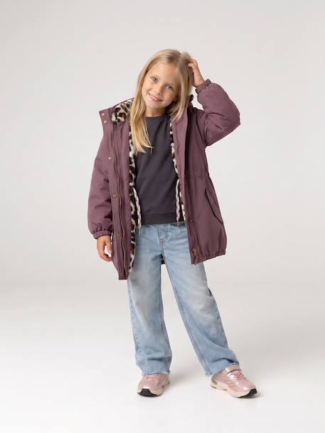 Hooded Parka with Faux Fur Lining for Girls black+camel+dark green+dusky pink+navy blue+plum 