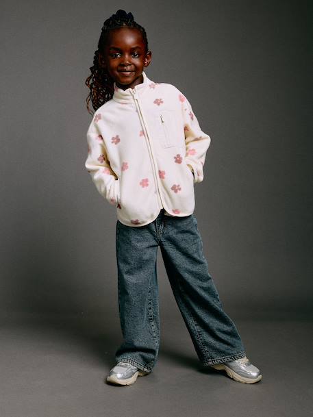 Fleece sweatshirt with zip fastening for girls vanilla 