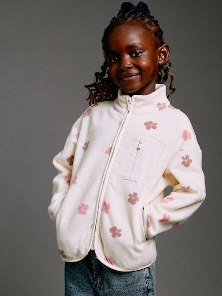 Fleece sweatshirt with zip fastening for girls vanilla 