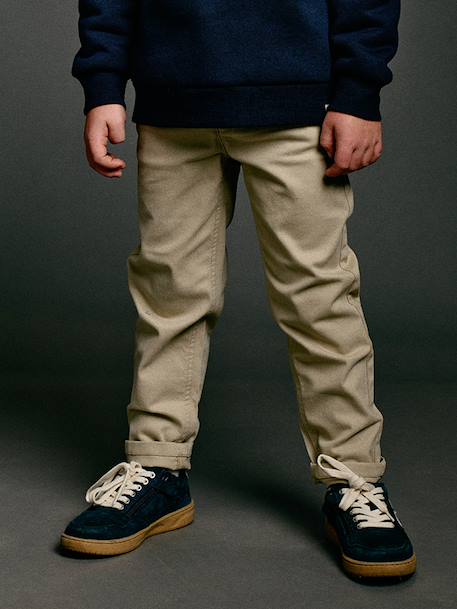 Easy-to-put-on chino-style trousers for boys beige+navy blue 