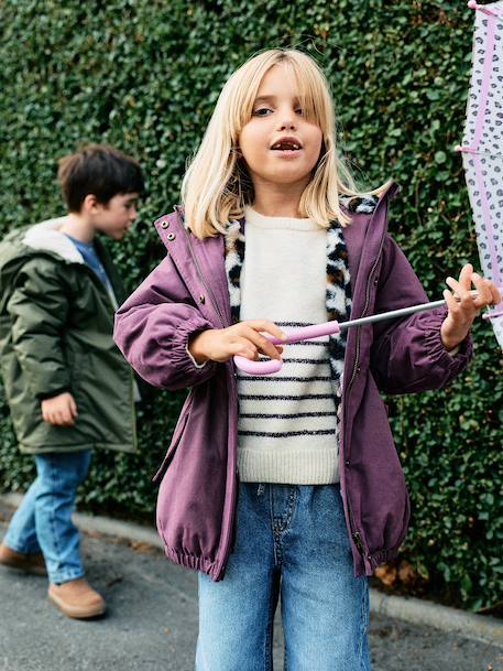 Hooded Parka with Faux Fur Lining for Girls black+camel+dark green+dusky pink+navy blue+plum 