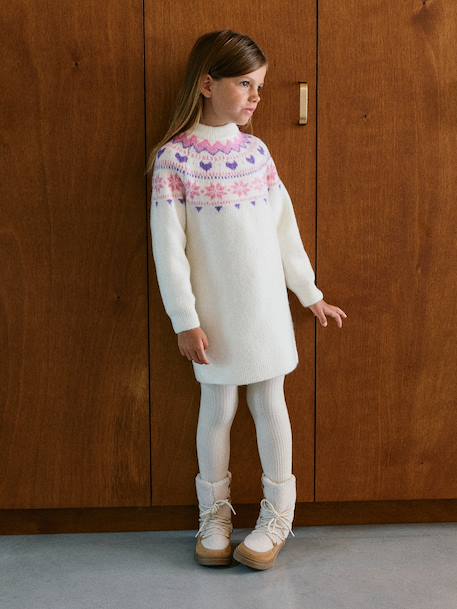 Jacquard knit dress with long sleeves for girls ecru 