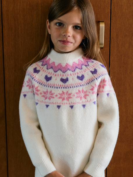 Jacquard knit dress with long sleeves for girls ecru 