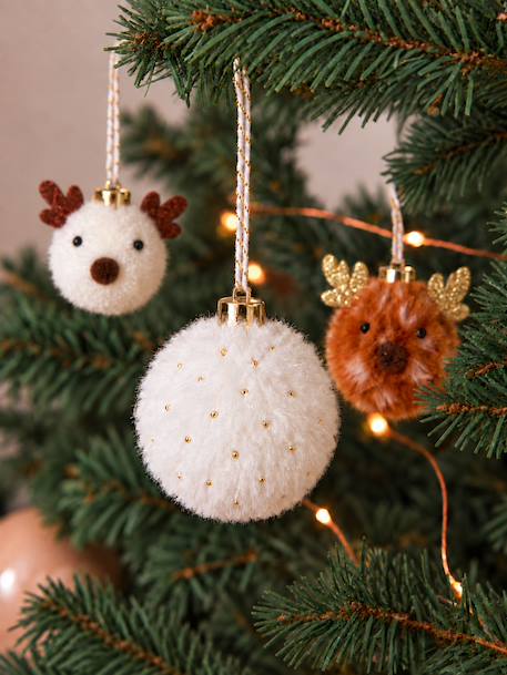Pack of 10 faux fur baubles beige 