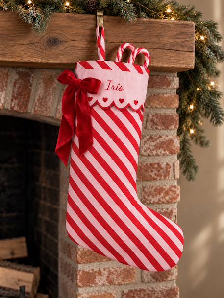 Striped Christmas stocking with scalloped trim red 