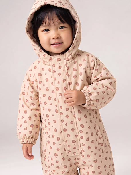 Fleece-lined baby's hooded printed rainsuit old rose+vanilla 