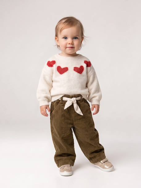 Wide Trousers in Corduroy with Flowers Belt for Babies old rose+olive 