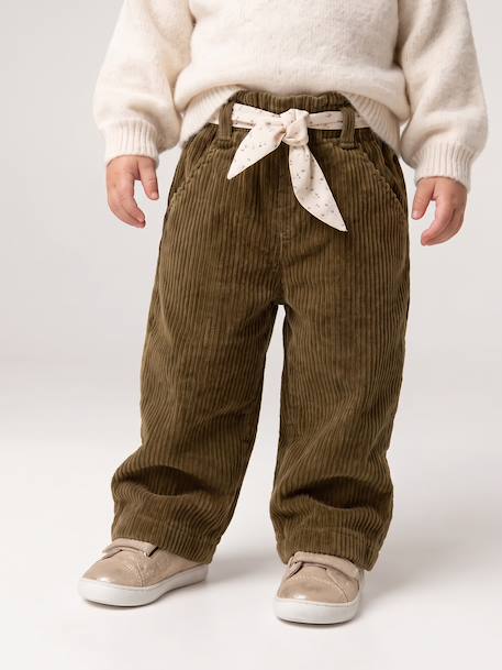 Wide Trousers in Corduroy with Flowers Belt for Babies old rose+olive 