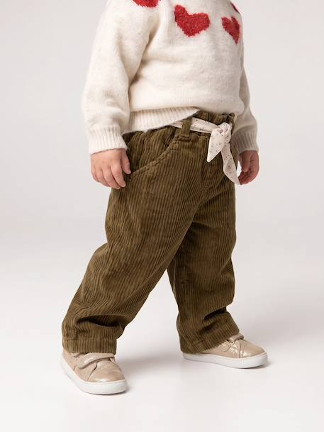 Wide Trousers in Corduroy with Flowers Belt for Babies old rose+olive 