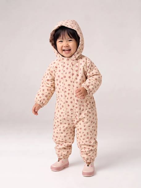 Fleece-lined baby's hooded printed rainsuit old rose+vanilla 