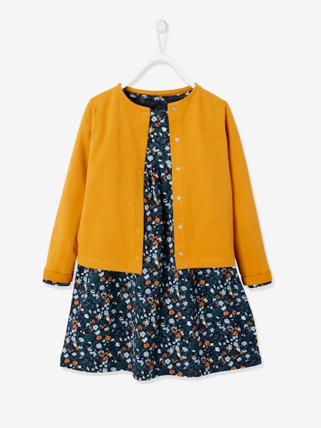 Dress & Jacket Outfit with Floral Print for Girls Dark Blue/Print+grey blue+rosy 