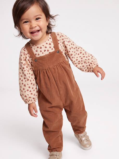 Blouse & Corduroy Dungarees Combo for Baby Girls Dark Blue+hazel 