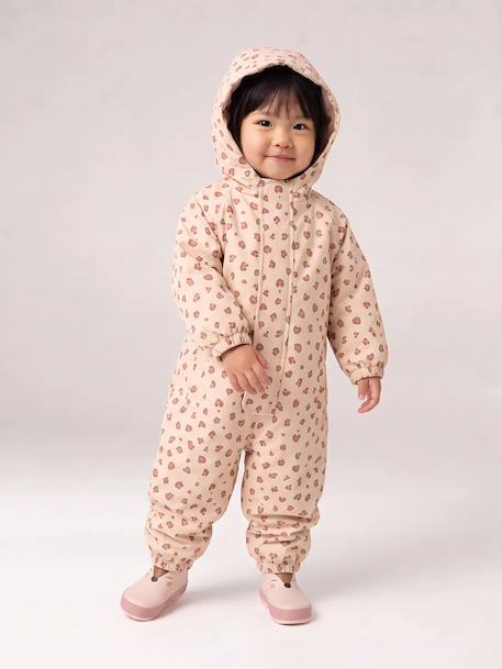 Fleece-lined baby's hooded printed rainsuit old rose+vanilla 