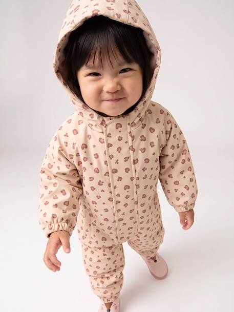 Fleece-lined baby's hooded printed rainsuit old rose+vanilla 