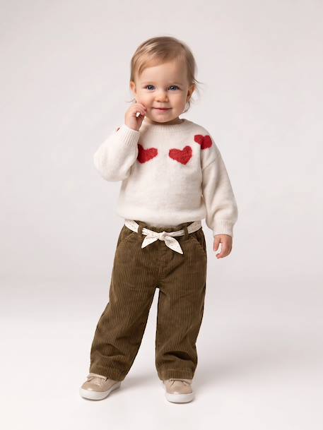 Wide Trousers in Corduroy with Flowers Belt for Babies old rose+olive 