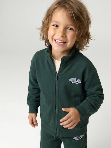 Zipped sweatshirt for boys with a trucker neck fir green+navy blue+red 