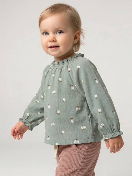 Long-sleeved T-shirt for baby girls sage green+vanilla 