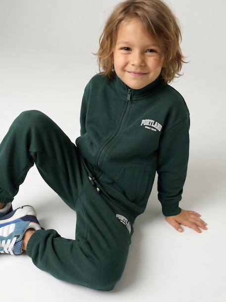 Zipped sweatshirt for boys with a trucker neck fir green+navy blue+red 