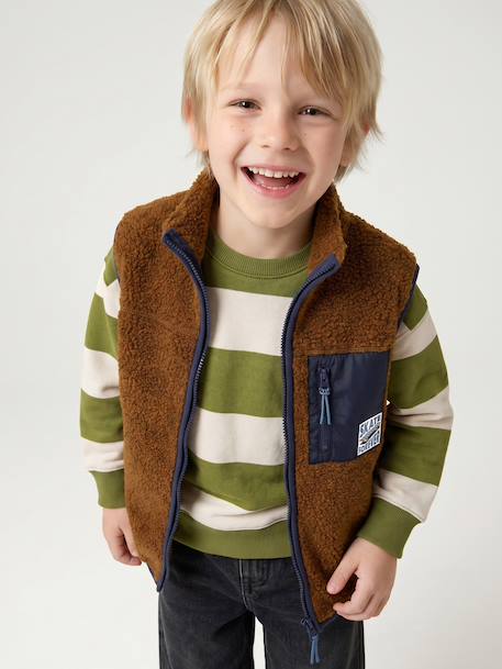 Sleeveless sherpa cardigan for boys caramel+ecru 