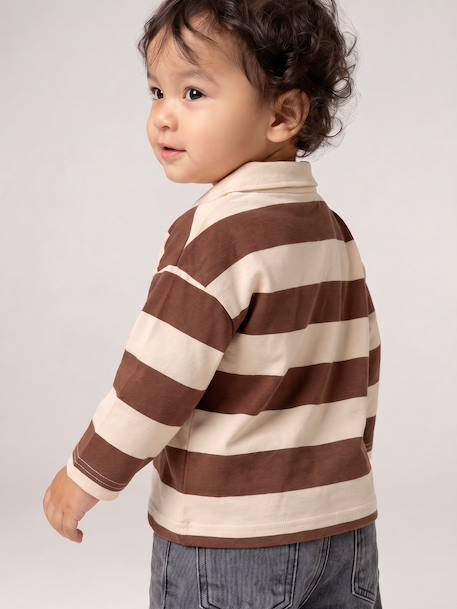Striped long-sleeved baby polo shirt cocoa+grey blue 