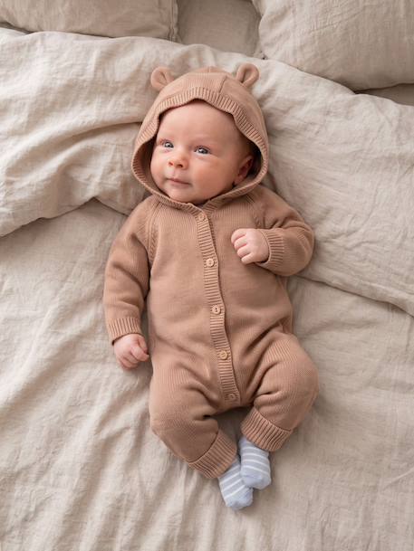 Long-sleeved hooded playsuit for baby boys beige 