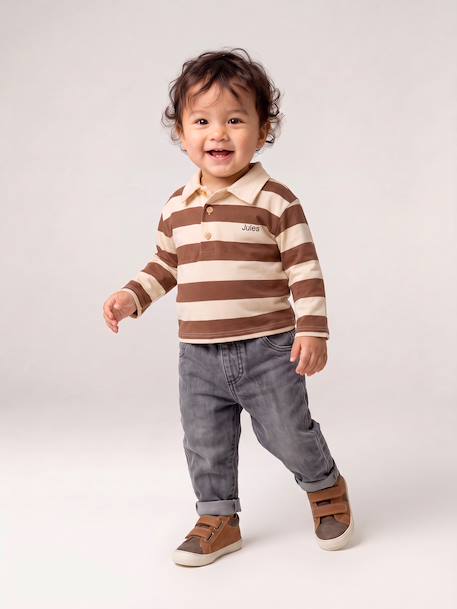 Striped long-sleeved baby polo shirt cocoa+grey blue 