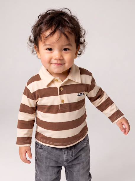 Striped long-sleeved baby polo shirt cocoa+grey blue 