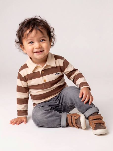Striped long-sleeved baby polo shirt cocoa+grey blue 