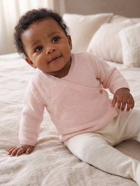 Wrap-Over Cardigan in Wool & Cotton for Babies cappuccino+marl beige+pale pink+sage green+white 