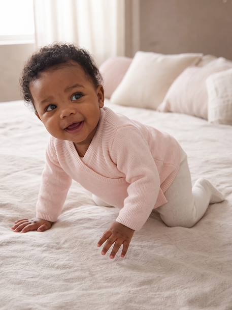 Wrap-Over Cardigan in Wool & Cotton for Babies cappuccino+marl beige+pale pink+sage green+white 