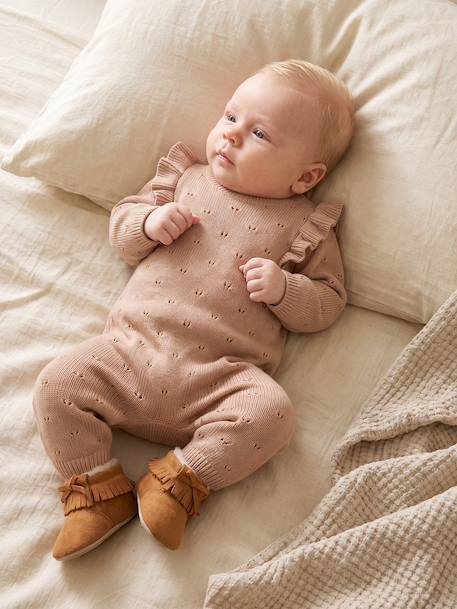 Knitted playsuit for baby girls marl beige 