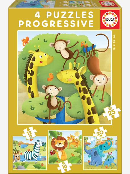 Set of 4 Progressive Puzzles, 12 to 25 Pieces, Wild Animals, by EDUCA Yellow 