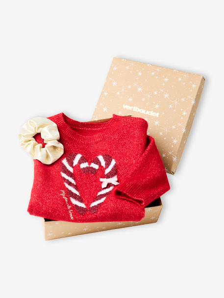 Christmas Gift Box with Jacquard Knit Reindeer Jumper + 2 Scrunchies for Girls ecru+pale pink+red 