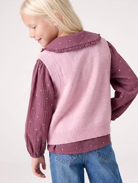 Sleeveless knitted cardigan with front button for girls lilac+vanilla 